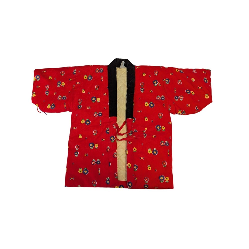 Vintage Kids Japanese Hanten Quilted Jacket Red Floral Velvet Trim Robe‎ Kimono